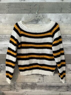 SHEIN Striped Crewneck Sweater in White, Black & Mustard